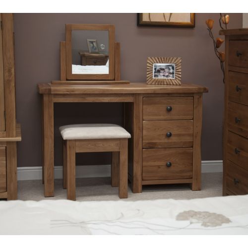 Rustic Solid Oak Dressing Table and Stool Set. Beige Fabric Seat Pad.