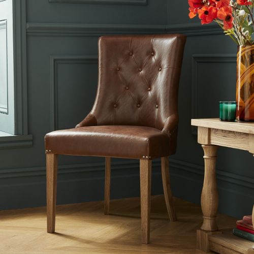 Westbury Rustic Oak Upholstered Dining Chair with Arms - Tan Leather (Pair) - Westbury Furniture