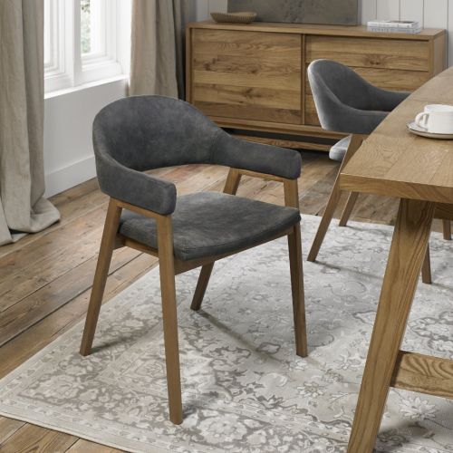 Camden Rustic Oak Dining Chair with Arms - Dark Grey Fabric (Pair)