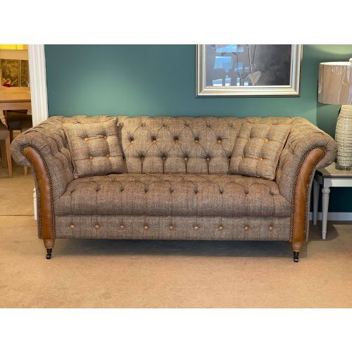 Chester Lodge 2 Seater Chesterfield Sofa - Hunting Lodge Harris Tweed & Brown Leather
