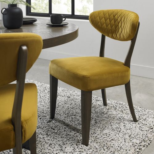 Ellipse Fumed Oak Dining Chair - Mustard Yellow Velvet Fabric (Pair).