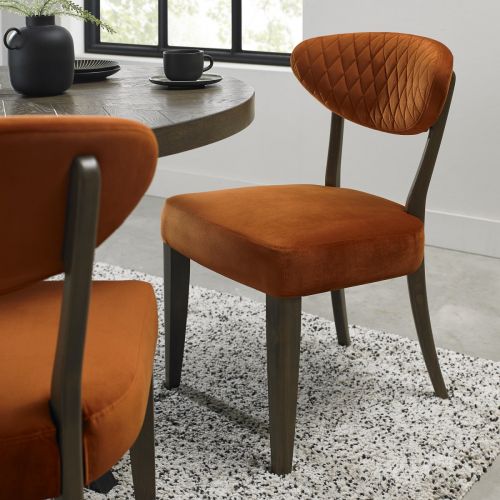 Ellipse Fumed Oak Dining Chair - Rust Orange Velvet Fabric (Pair).