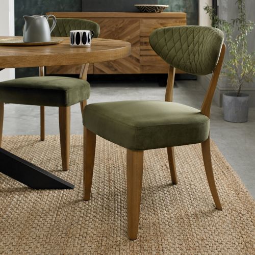 Ellipse Rustic Oak Dining Chair - Cedar Green Velvet Fabric (Pair).