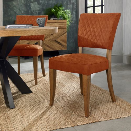 Logan Rustic Oak Dining Chair - Rust Orange Velvet Fabric (Pair).
