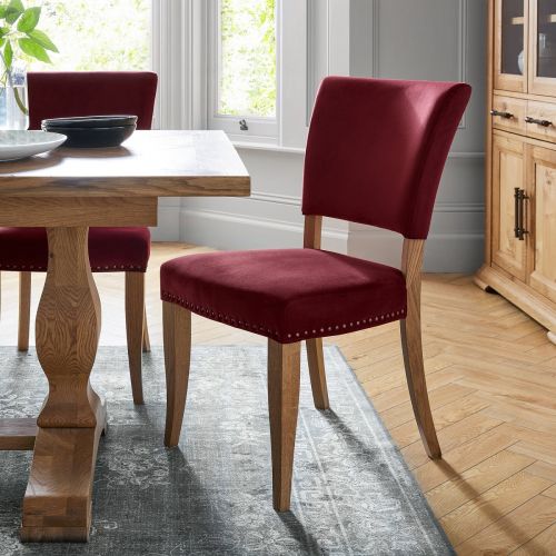 Rustic Oak Dining Chair - Crimson Velvet Fabric (Pair)