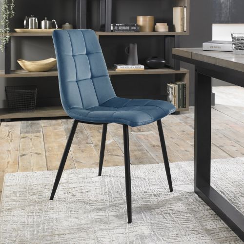 Upholstered Chair with Square Stitched Pattern - Petrol Blue Velvet Fabric (Pair)