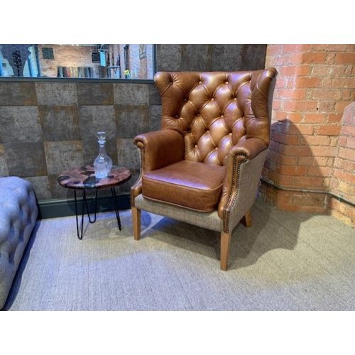 Vintage Armchair - Winchester Wingback Chair - Brown Aniline Leather & Hunting Lodge Harris Tweed Wool