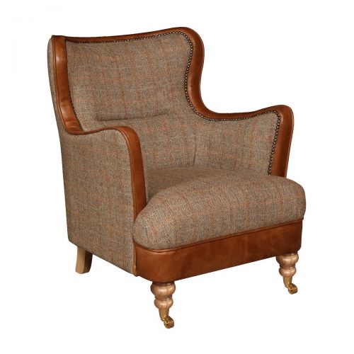 Vintage Ellis Snug Chair - Hunting Lodge Harris Tweed & Italian Brown Aniline Leather