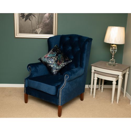 Wingback Armchair - Chesterfield Chair - Plush Marine Blue Velvet