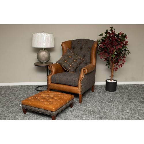 Wingback Armchair - Harris Tweed and Brown Leather - Chesterfield Chair
