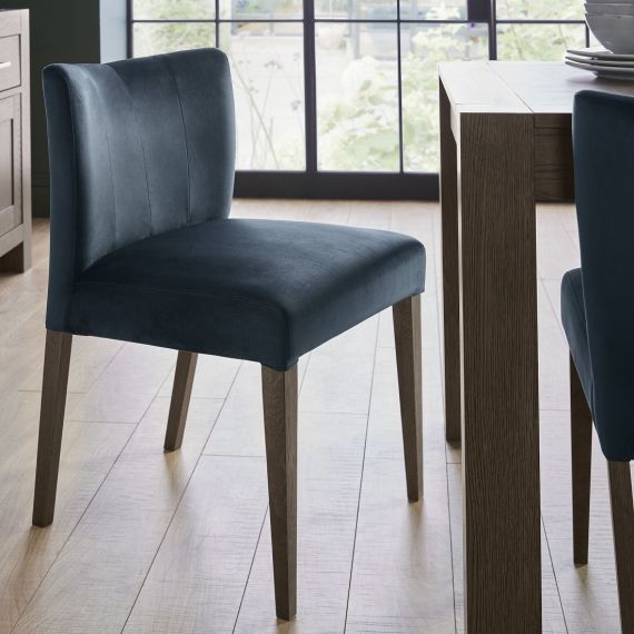 Turin Dark Oak Low Back Dining Chair - Dark Blue Velvet (Pair)
