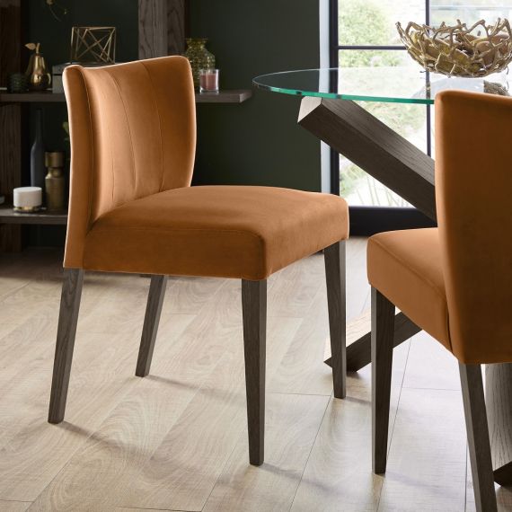 Turin Dark Oak Low Back Dining Chair - Harvest Pumpkin Velvet (Pair)