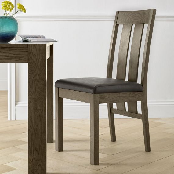 Turin Dark Oak Slatted Dining Chair - Brown Distressed Leather (Pair)