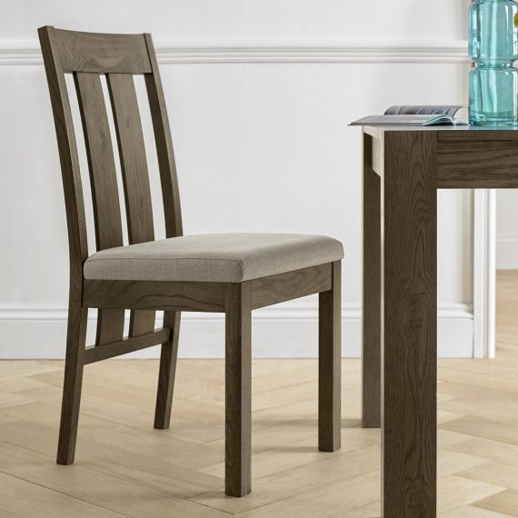 Turin Dark Oak Slatted Dining Chair - Pebble Grey Fabric (Pair)