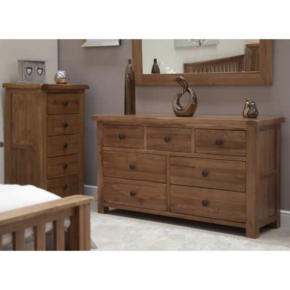 Rustic Solid Oak 7 Drawer Wide Chest of Drawers.