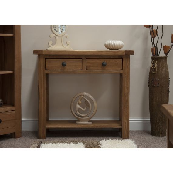 Rustic Solid Oak Hall Console Table with 2 Drawers and Shelf.