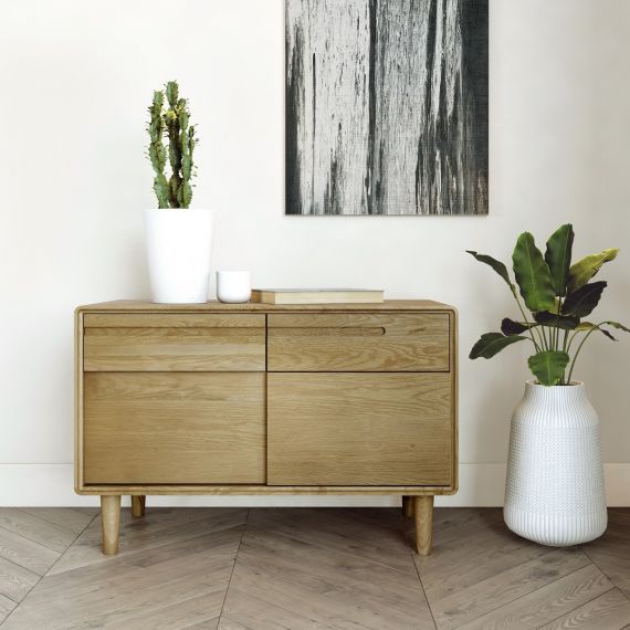 Scandic Oak Small Sideboard with Sliding Doors - Retro Style