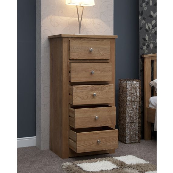 Torino Solid Oak 5 Drawer Tall Chest of Drawers.