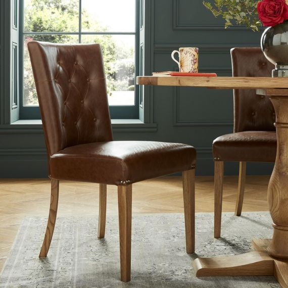 Westbury Rustic Oak Upholstered Dining Chair - Tan Leather (Pair) - Westbury Furniture