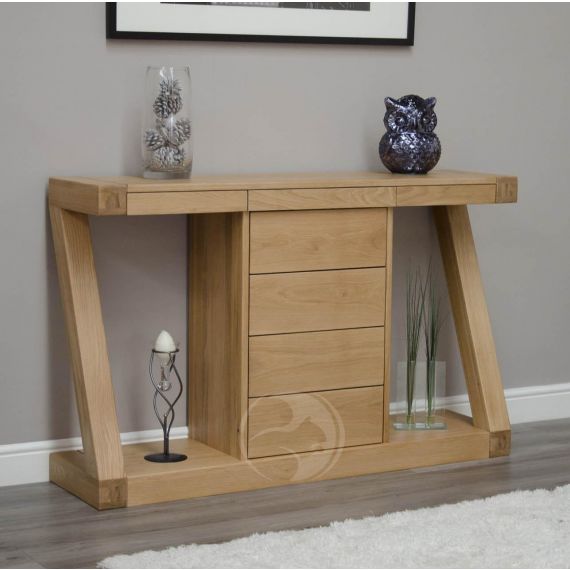 Z Shape Solid Oak Large Hall/ Console Table with Drawers