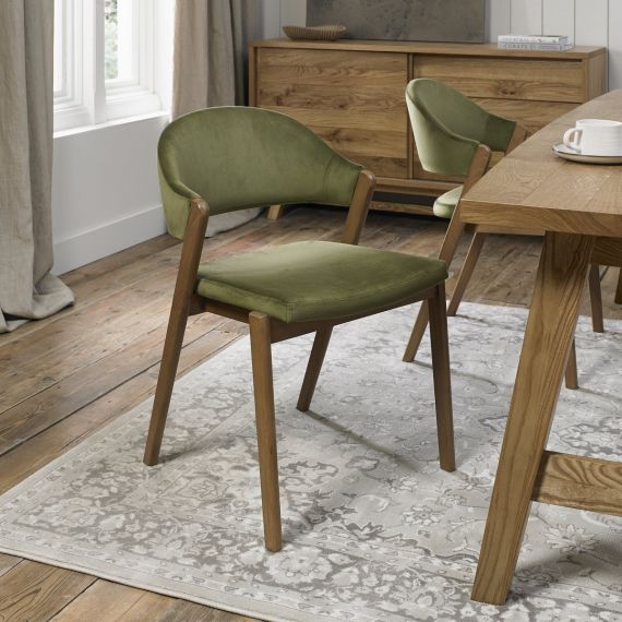 Camden Rustic Oak Dining Chair - Cedar Green Velvet Fabric (Pair)