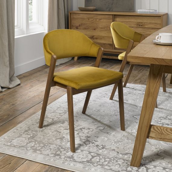 Camden Rustic Oak Dining Chair - Mustard Yellow Velvet Fabric (Pair)