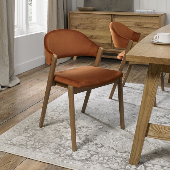 Camden Rustic Oak Dining Chair - Rust Orange Velvet Fabric (Pair)