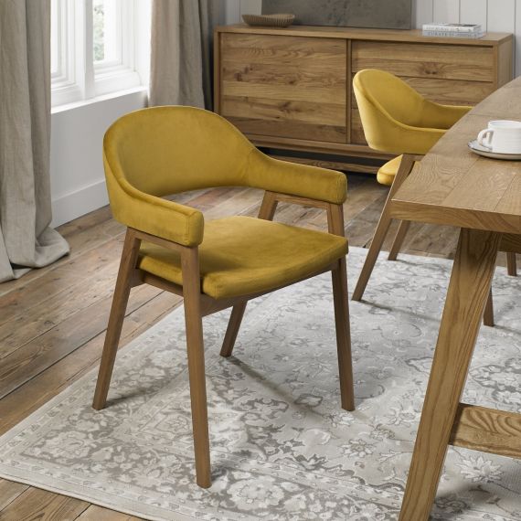 Camden Rustic Oak Dining Chair with Arms - Mustard Yellow Velvet Fabric (Pair)