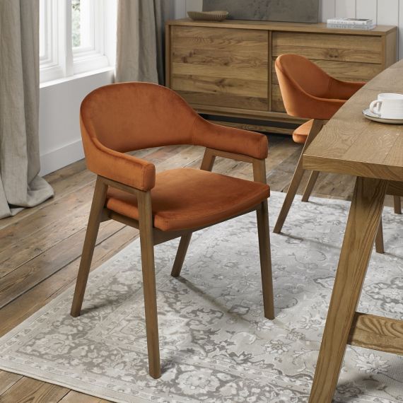 Camden Rustic Oak Dining Chair with Arms - Rust Orange Velvet Fabric (Pair)