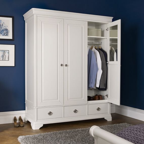 Chantilly White French Style Triple Wardrobe with Drawers
