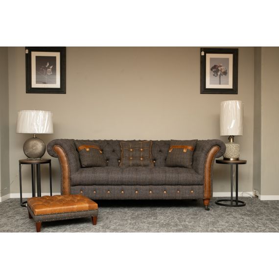 Chester Club 2 Seater Chesterfield Sofa Harris Tweed and Leather Fast Track