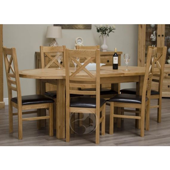Deluxe Rustic Solid Oak Oval Extending Dining Table and Chair Set - 167-247cm