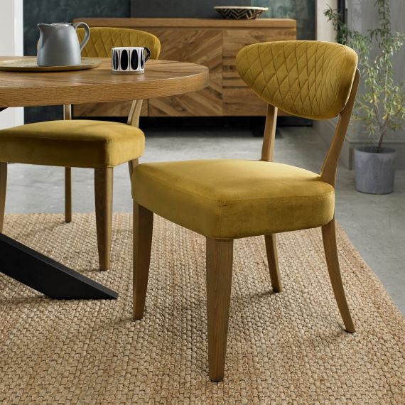 Ellipse Rustic Oak Dining Chair - Mustard Yellow Velvet Fabric (Pair).