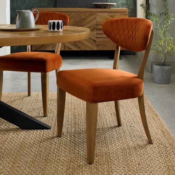 Ellipse Rustic Oak Dining Chair - Rust Orange Velvet Fabric (Pair).