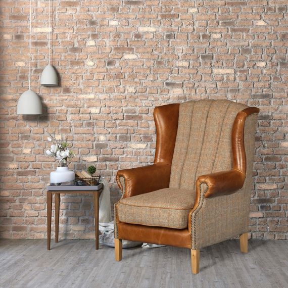 Fluted Wing Armchair - Hunting Lodge Harris Tweed & Brown Leather.