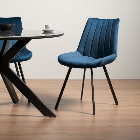 Fontana Blue Velvet Fabric Dining Chair with Black Legs (Pair).