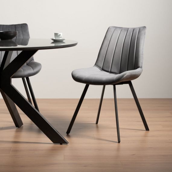 Fontana Grey Velvet Fabric Dining Chair with Black Legs (Pair).