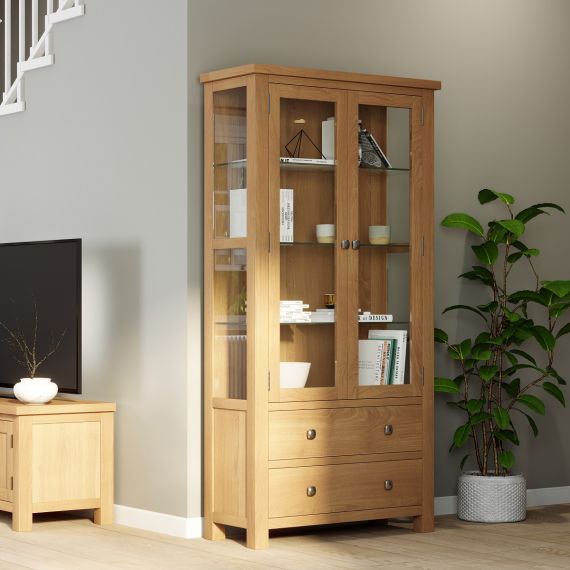Glass Display Cabinet with Drawers - Grasmere Light Oak  Furniture