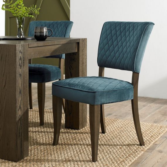 Logan Fumed Oak Dining Chair - Azure Blue Velvet Fabric (Pair).