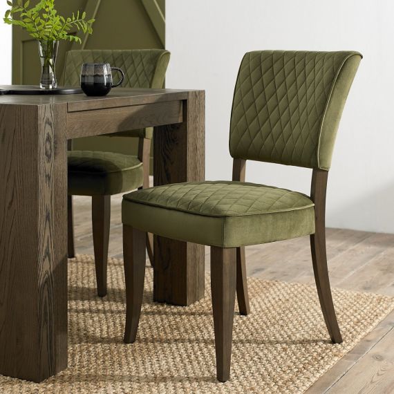 Logan Fumed Oak Dining Chair - Cedar Green Velvet Fabric (Pair).
