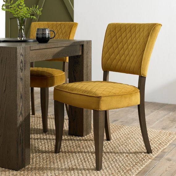 Logan Fumed Oak Dining Chair - Mustard Yellow Velvet Fabric (Pair).