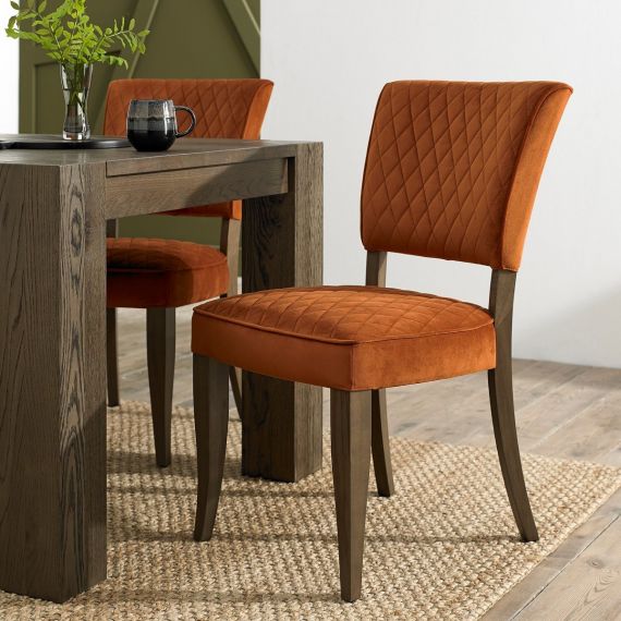 Logan Fumed Oak Dining Chair - Rust Orange Velvet Fabric (Pair).