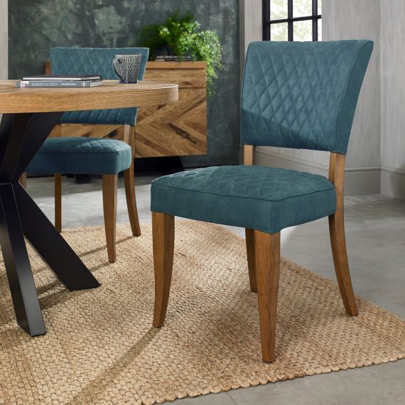 Logan Rustic Oak Dining Chair - Azure Blue Velvet Fabric (Pair).