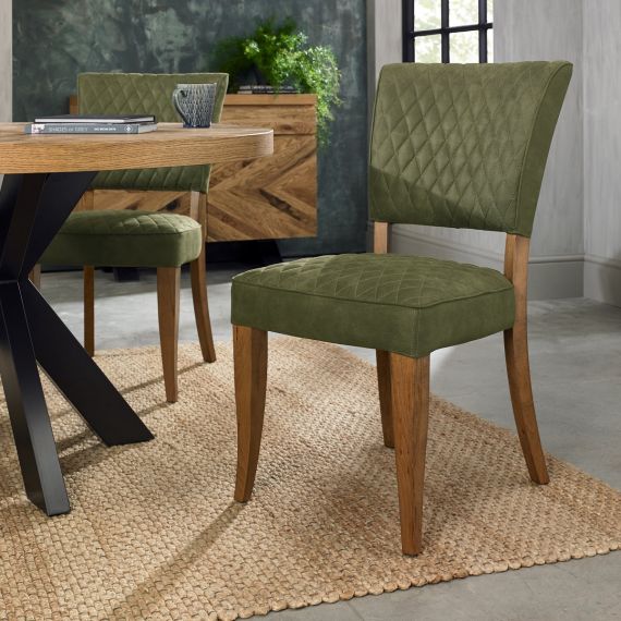 Logan Rustic Oak Dining Chair - Cedar Green Velvet Fabric (Pair).