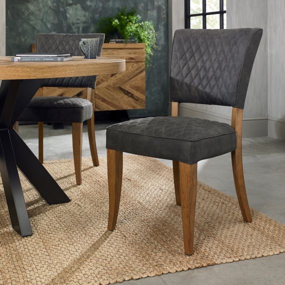 Logan Rustic Oak Dining Chair - Dark Grey Fabric (Pair).