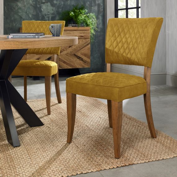 Logan Rustic Oak Dining Chair - Mustard Yellow Velvet Fabric (Pair).