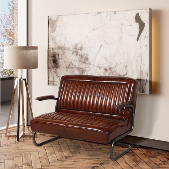 Pullman 2 Seater Bench - Brown Leather with Metal Frame
