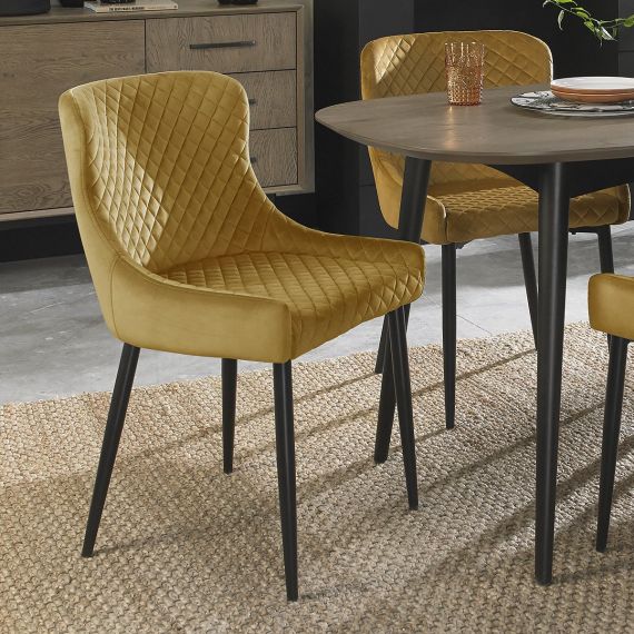 Upholstered Chair with Diamond Stitched Pattern - Mustard Velvet Fabric with Black Frame (Pair)
