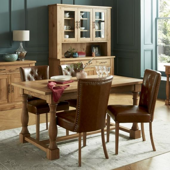 Westbury Rustic Oak Extending Dining Table and 4 Tan Leather Chair Set - 4-6 Seater