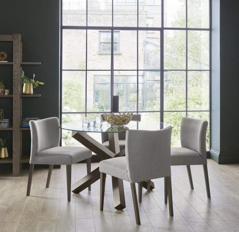 Turin Dark Oak 4 Seater Round Glass Top, Oak Furniture Glass Dining Table And Chairs